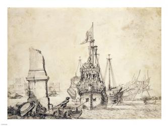 A Ship in a Port with a Ruined Obelisk | Obraz na stenu
