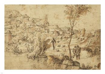 Landscape with Shepherds by a River and a Town Beyond | Obraz na stenu