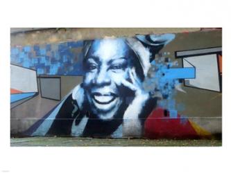 Graffiti of blue smiling women with abstract background somewhere in Gdynia | Obraz na stenu