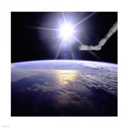 Robot Arm Over Earth with Sunburst | Obraz na stenu
