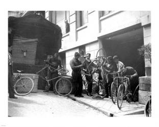 Taking care of  maintenance of the racing bicycles during a rest day in Belfort | Obraz na stenu