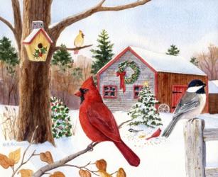 Cardinal, Chickadee & Christmas Barn | Obraz na stenu