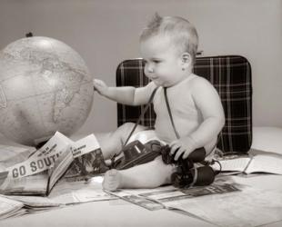 1960s Baby Seated Looking At Globe | Obraz na stenu