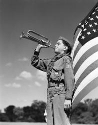 1950s Boy Scout In Uniform Standing In Front American Flag | Obraz na stenu