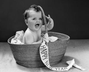1940s Baby In Wicker Basket With Happy New Year Banner | Obraz na stenu