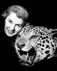 1950s Woman Face Posed With Growling Stuffed Leopard Head | Obraz na stenu