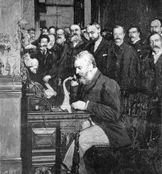 Engraving Of Alexander Graham Bell Making First Long Distance Telephone Call From New York To Chicago In 1892 | Obraz na stenu