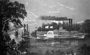 Steamboats Rounding A Bend On Mississippi River Parting Salute Currier & Ives Lithograph 1866 | Obraz na stenu