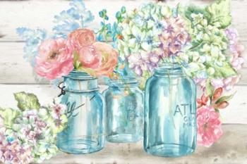 Colorful Flowers in Mason Jar Landscape | Obraz na stenu