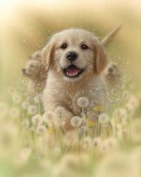 Golden Retriever Puppy - Dandelions | Obraz na stenu