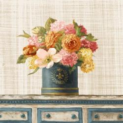 Tulips in Teal and Gold Hatbox on Linen | Obraz na stenu