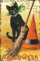 Halloween Nostalgia Cat with Broom | Obraz na stenu