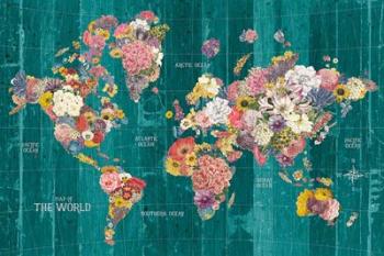 Botanical Floral Map Words Aqua | Obraz na stenu