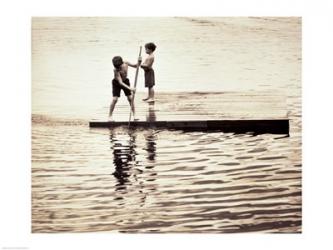 Two boys standing on a wooden platform in a lake | Obraz na stenu