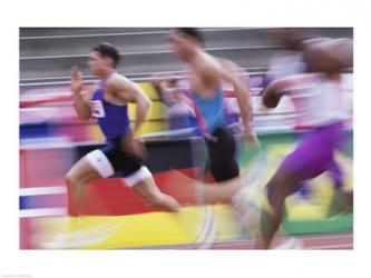 Side profile of three men running on a running track | Obraz na stenu