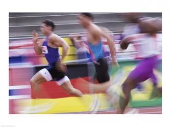 Side profile of three men running on a running track | Obraz na stenu