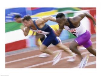 Side profile of three men running on a running track | Obraz na stenu