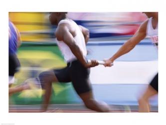 Side profile of three men passing a relay baton | Obraz na stenu