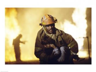 Firefighter carrying a boy | Obraz na stenu