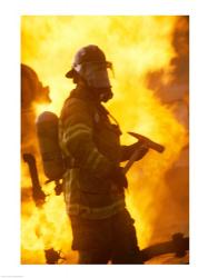 Side profile of a firefighter holding an axe | Obraz na stenu