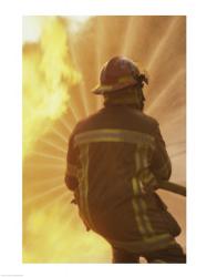Rear view of a firefighter extinguishing a fire | Obraz na stenu