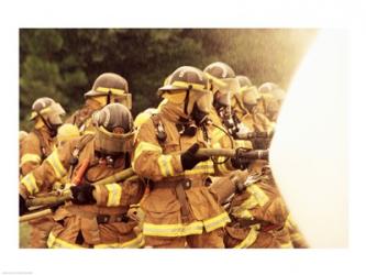 Group of firefighters spraying water with a fire hose | Obraz na stenu