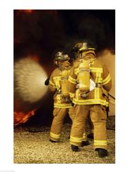 Rear view of three firefighters extinguishing a fire | Obraz na stenu