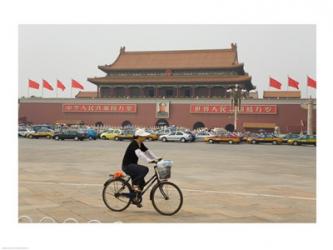 Tourist riding a bicycle at a town square, Tiananmen Gate Of Heavenly Peace, Tiananmen Square, Beijing, China | Obraz na stenu
