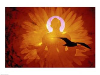Image of a flower and bird superimposed on a person meditating | Obraz na stenu
