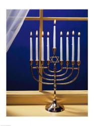 Close-up of burning candles on a menorah at a window | Obraz na stenu