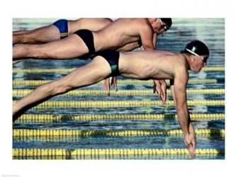 Side profile of three swimmers jumping into a swimming pool | Obraz na stenu