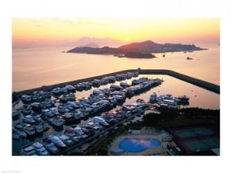 Sunrise over Peng Chau Island with Discovery Bay Marina in foreground, Hong Kong, China | Obraz na stenu