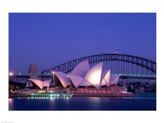 Opera house lit up at dusk, Sydney Opera House, Sydney Harbor Bridge, Sydney, Australia | Obraz na stenu