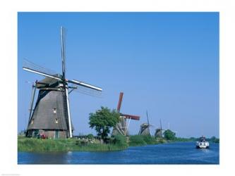Windmills and Canal Tour Boat, Kinderdijk, Netherlands | Obraz na stenu