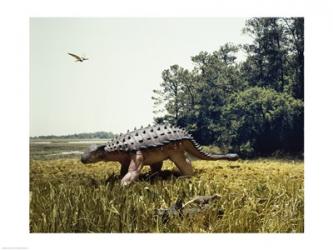 Ankylosaur walking in a field and a pteranodon flying in the sky | Obraz na stenu
