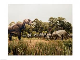 Tyrannosaur standing in front of a group of triceratops in a field | Obraz na stenu