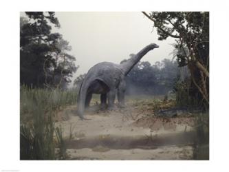 Rear view of an alamosaurus walking in a forest | Obraz na stenu