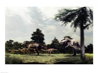 Side profile of a tyrannosaur attacking a group of anatosaurus | Obraz na stenu