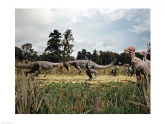Side profile of two pachycephalosaurus fighting in a forest | Obraz na stenu