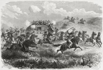 Indians attacking a transcontinental stagecoach in 1867, illustration from 'The World in the Hands', engraved by Charles Laplante (d.1903), published 1878 (engraving) | Obraz na stenu