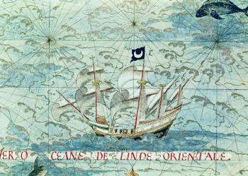 Fol.36v A Caravel, from 'Cosmographie Universelle', 1555 (w/c on paper) | Obraz na stenu