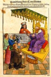 Sigismund performs his feudal duties at the Council of Constance, from 'Chronik des Konzils von Konstanz' (pen & ink on paper) | Obraz na stenu