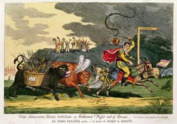 'The Spanish Bull Broke Lose or, Joseph's Flight out of Spain', September 1808 (coloured engraving) | Obraz na stenu