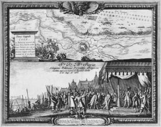 Defeat of the Polish army at Kola, August 1655, King of Sweden receives the Ambassador of Poland for the capitulation (engraving) (b/w photo) | Obraz na stenu