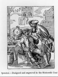 Dental Operator, illustration from 'Science and Literature in the Middle Ages and the Renaissance', written and engraved by Paul Lacroix, 1878 (engraving) (b/w photo) | Obraz na stenu
