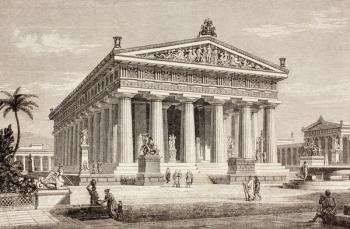 Artist's impression of the Temple of Poseidon, Paestum, from 'El Mundo Ilustrado', published Barcelona, 1880 (litho) | Obraz na stenu