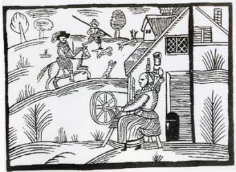 A Country Scene with a woman spinning and two men hunting a stag (woodcut) (b/w photo) | Obraz na stenu