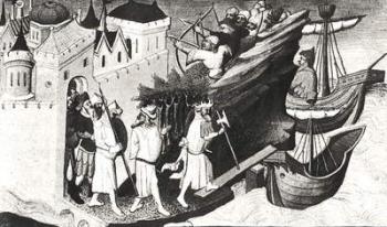 Expedition against the Island of Cipangu (Japan) from the Livre des Merveilles du Monde, c.1410-12 (vellum) (b/w photo) | Obraz na stenu