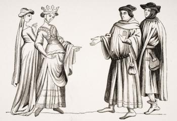 Noble Lady and Maid of Honour and Two Burgesses, after a miniature in 'Merveilles du Monde', from 'Le Moyen Age et La Renaissance' by Paul Lacroix (1806-84) published 1847 (litho) | Obraz na stenu