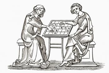 Lady and youth playing draughts, or checkers, in the early 14th century, from 'A Short History of the English People' by J. R. Green, published 1893 (litho) | Obraz na stenu